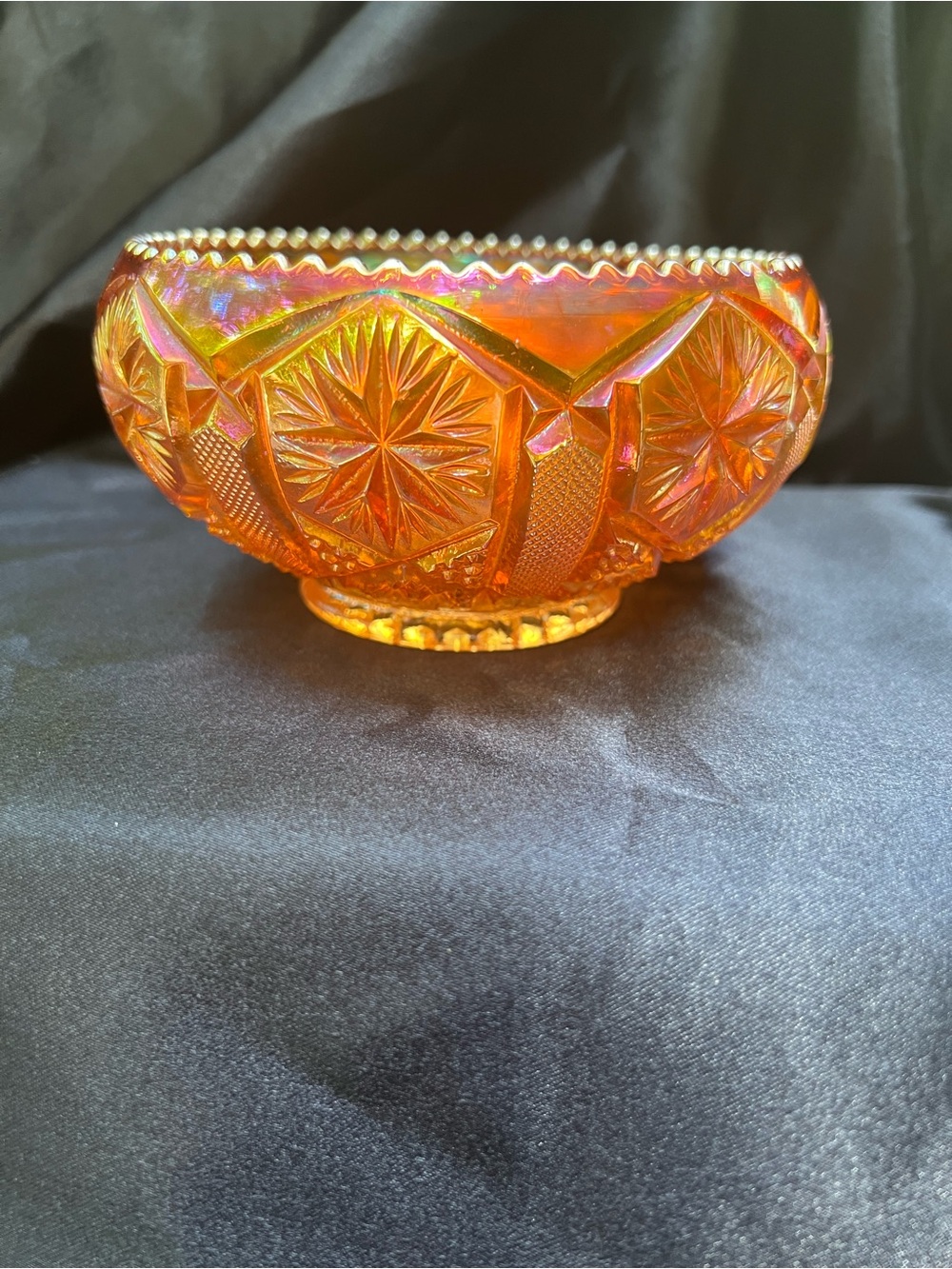 Vintage Marigold Carnival Glass Pedestal Bowl Starburst Pattern Iridescent